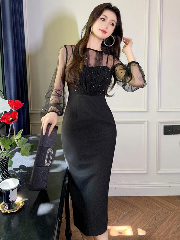 

Модные Элегантные Роскошные вечерние длинные платья, женское шикарное черное прозрачное сексуальное облегающее платье с круглым вырезом, женское платье для выпускного вечера, женские платья