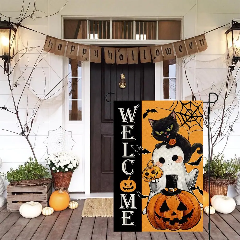 CROWNED BEAUTY Halloween Garden Flag Cat Ghost Jack-o lantern 12x18 Inch Double Sided for Outside Small Holiday Yard Decoration