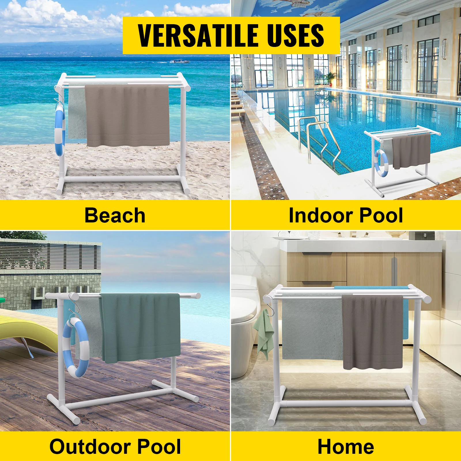 VEVOR 5 Bar Pool Towel Rack PVC T-shape White/Brown Freestanding Outdoor Poolside Storage Organizer W/ Stores Floats & Paddles