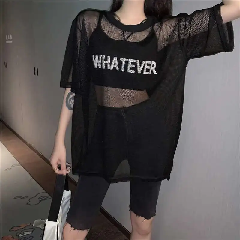 2025 الصيف الشارع نمط المرأة تي شيرتات قصيرة الاكمام للفتيات كول الهيب هوب الجرافيك المحملة عادية فضفاض شبكة شفافة التي شيرت