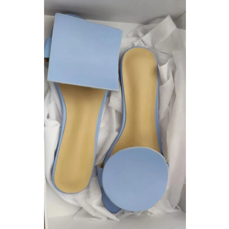 Light Blue Leather Slippers Women Open Toe Round Square Geometry Shape Decor Flats Shoes Woman Fashion Sandals