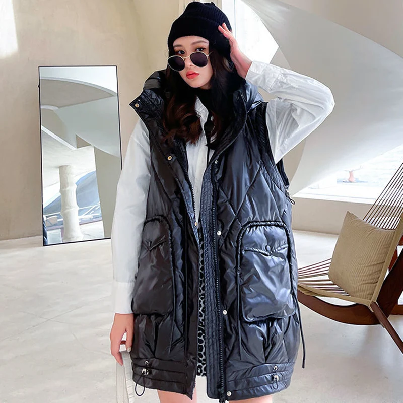 

Hooded Women Mid-Length Cotton Vest Coat High Street Fashion Simplicity Loose Thicken Jacket Winter Female Warm Sleeveless Coat