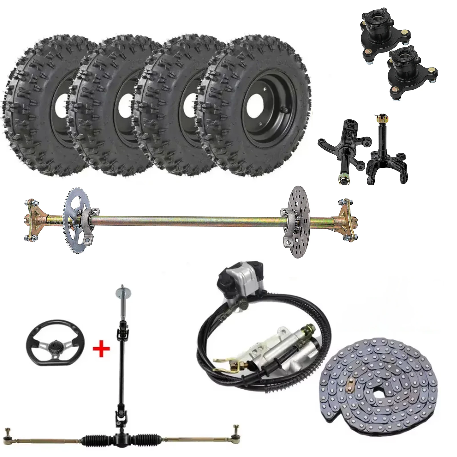 

29" Go Kart Rear Axle Kit Front Steering Assembly Sprocket Hub Complete 6" Wheels for DIY Parts Quad Drift Trike ATV 4 Wheelers