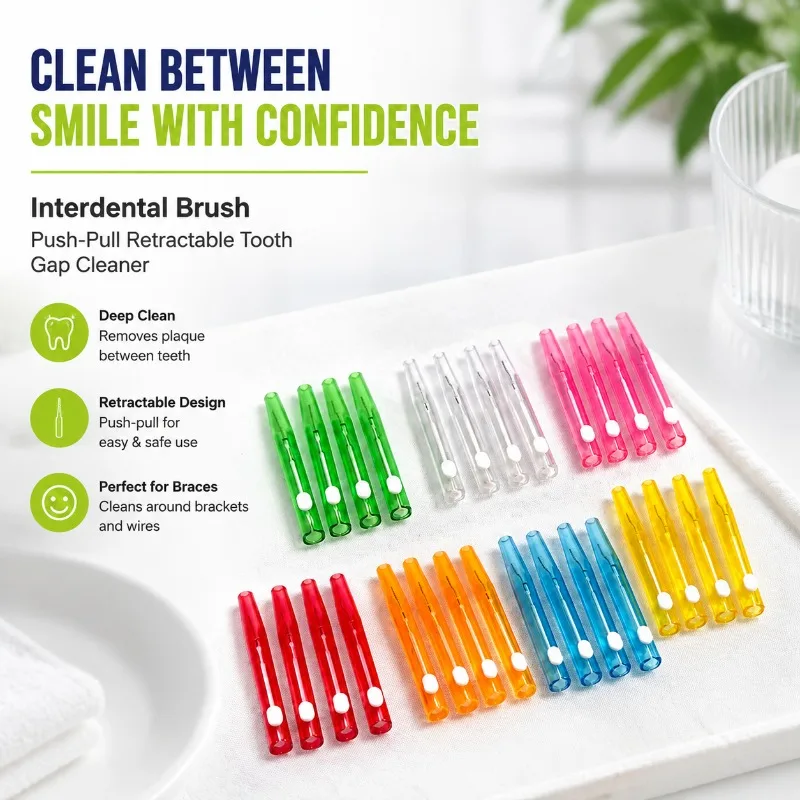 Push-Pull Retractable Interdental Brushes, Reusable Tooth Gap Cleaner for Orthodontic Braces, Portable Oral Care Cleaning Tool