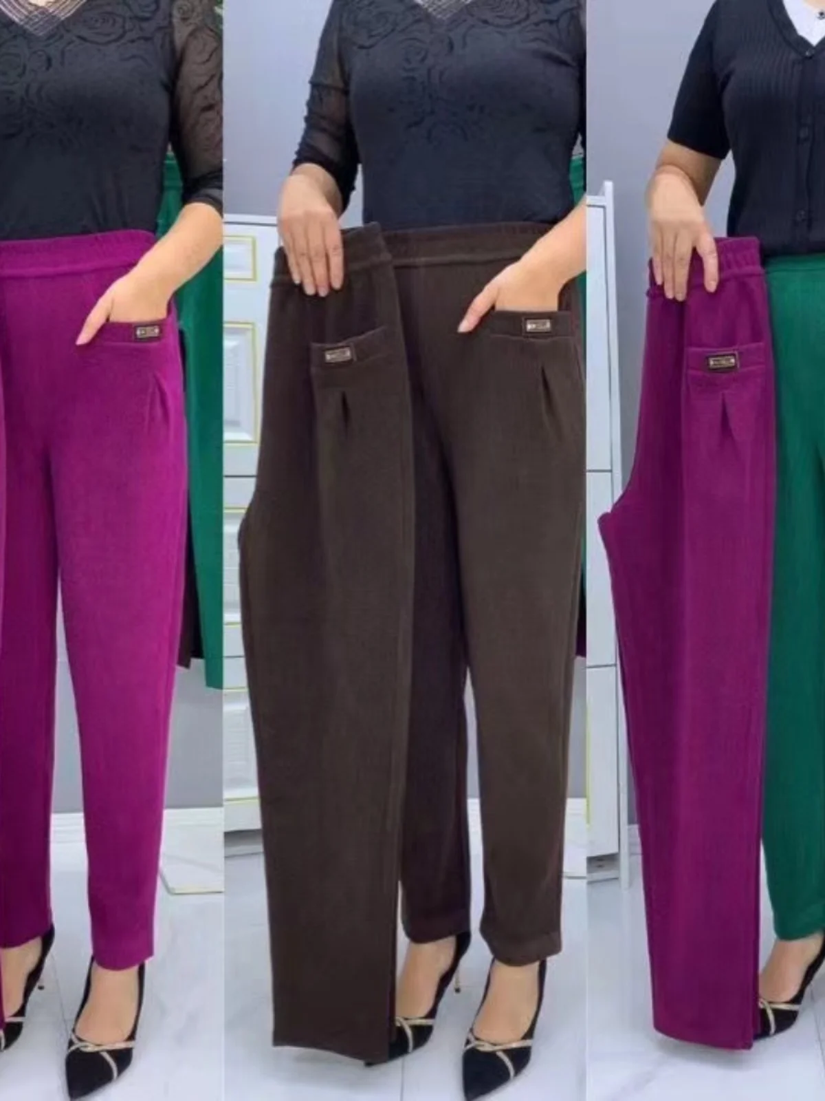 

Утепленные флисовые брюки с высокой талией, эластичные, повседневные, женские, свободные, стройнящие, длинные, осенне-зимние, новые, для мам, повседневные брюки