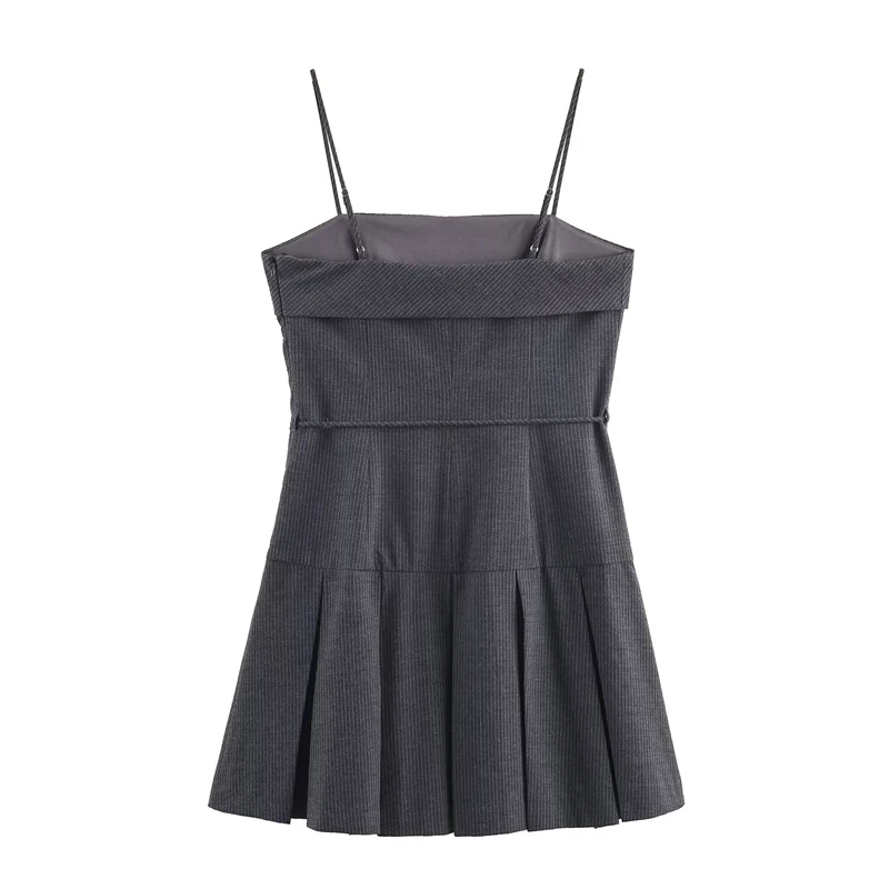 فستان كامي مخطط للنساء مع تنورة مطوية وربطة خصر - فستان قصير بنمط بريبي عتيق #3