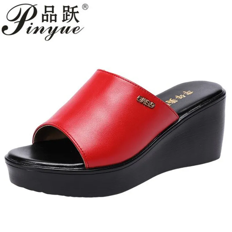 Women Summer Slippers  Women Wedges Heels Fashion Summer Genuine Leather Shoes Platform sandal  size 32 43