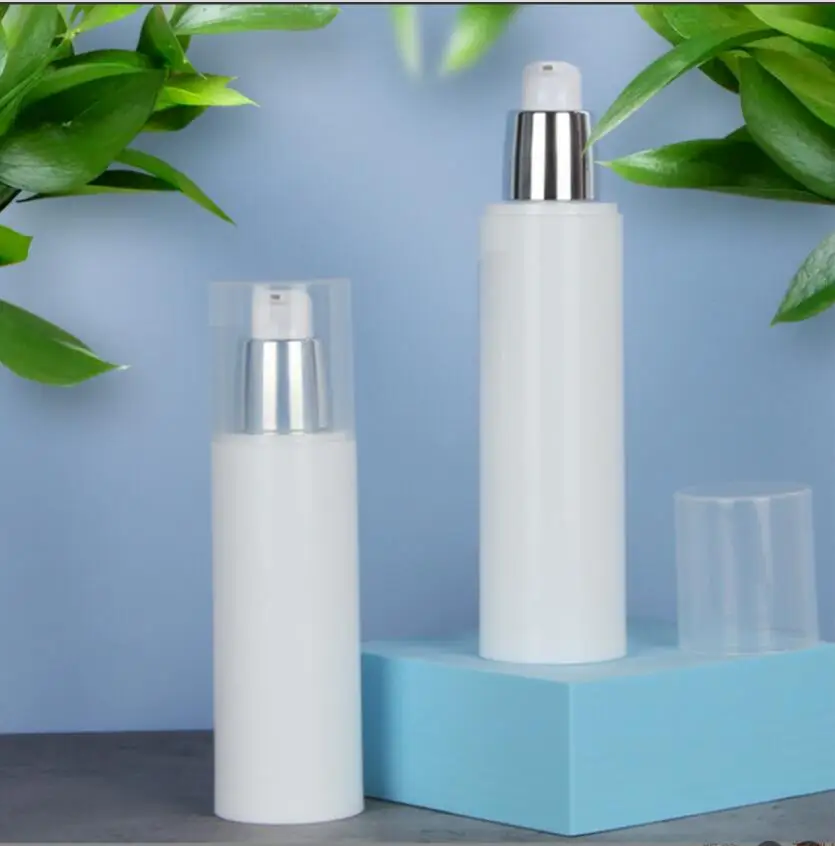 Butelka airless 100 ml, biały korpus z białą pompką, opakowanie kosmetyczne na balsam/serum/emulsję/podkład/toner/wodę.