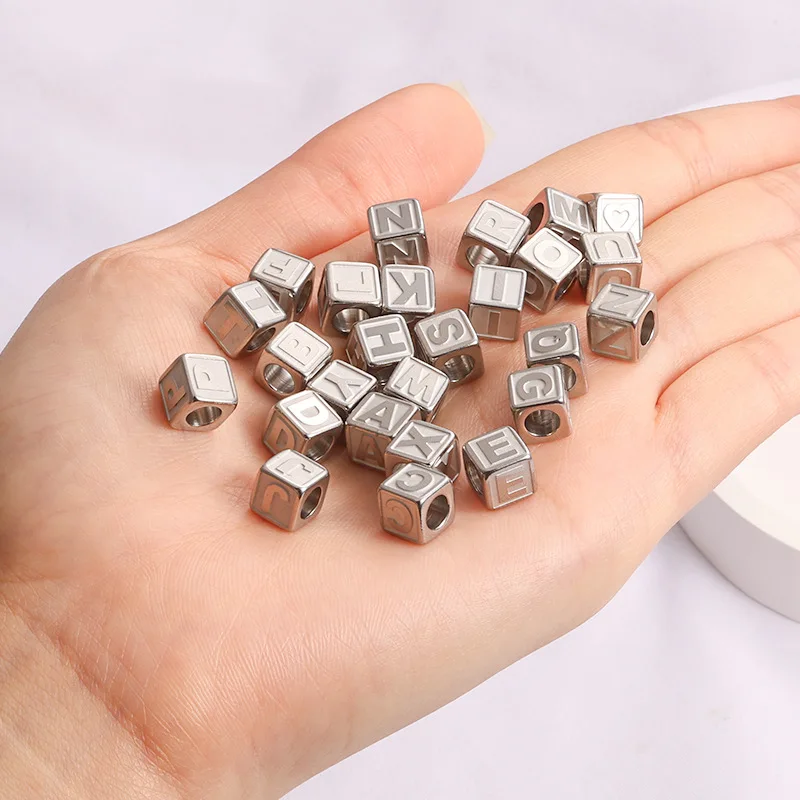 8*8*5mm Heart Stainless Steel Letter Bead Jewelry Accessories Square Pearl Beads for Necklace Bracelet Fashion Beading Charms