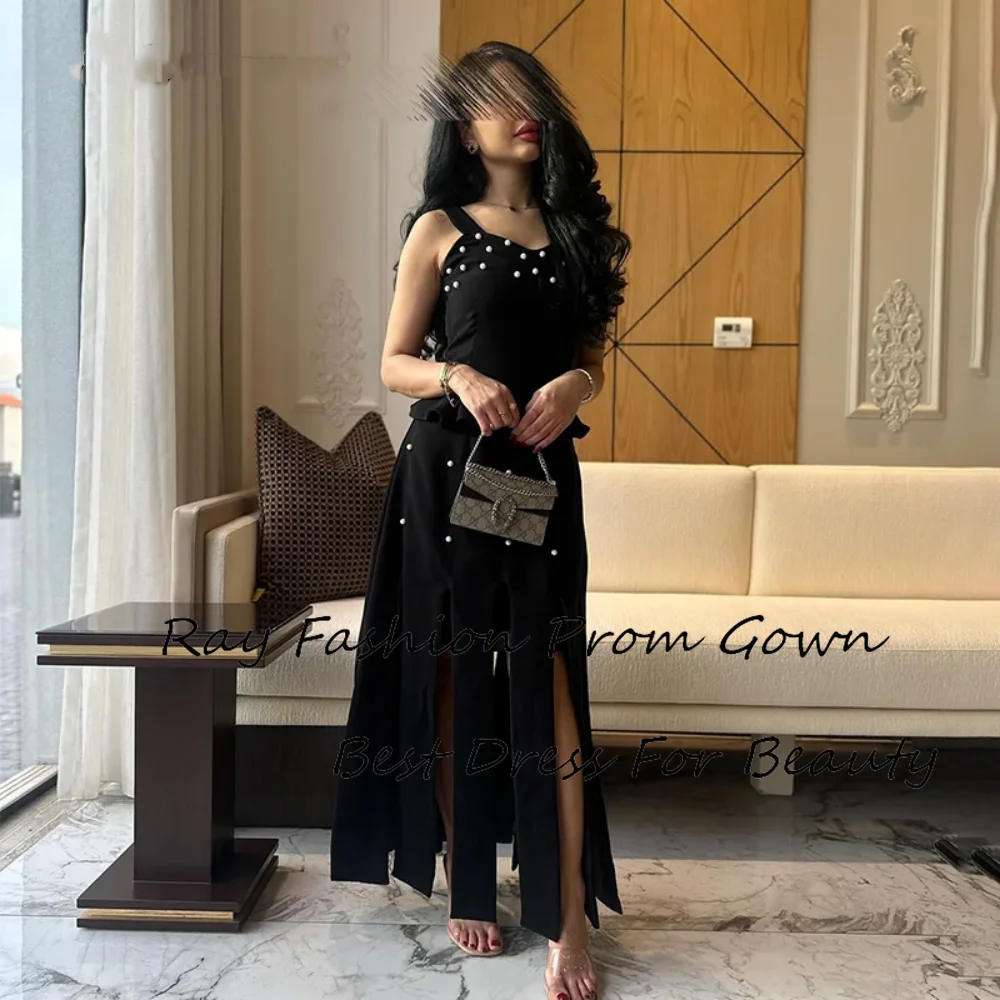 

Gorgeous A Line Evening Dress V Neck With Spaghetti Straps Sleeveless With Peals Black Saudi Arabic Ankle Length Formal Party