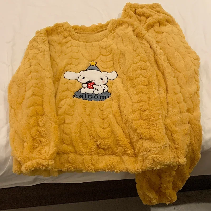 Sanrio Cinnamoroll อะนิเมะสุภาพสตรีชุดนอนสามารถ Go Out Plush Homewear ชุดฤดูหนาวหนาอบอุ่นแขนยาวกางเกง 2 ชิ้นชุด