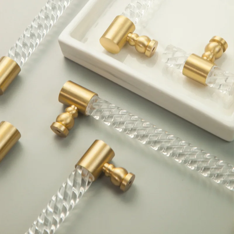 Nordic Luxury Brass Acrylic Cabinet Pull Twisted Bar Handle Double Hole Wardrobe Drawer Furniture Door Knob