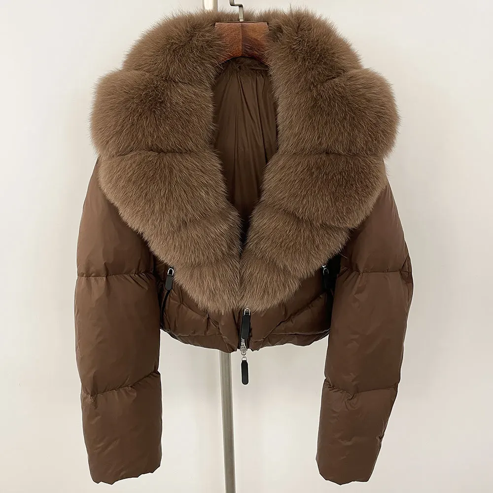 

Women Real Natural Fox Fur Collar Down Jacket Winter Thick Warm Casual Short Overwears Streetwears New White Duck Down Coat