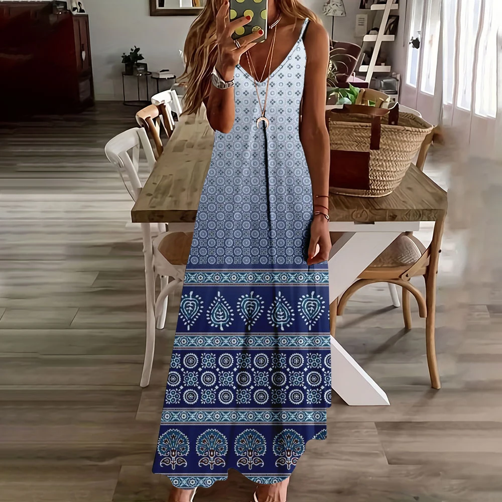 Vintage Ethnic Style Spaghetti Strap Dress For Women Summer Casual Daily U-Neck Tank Dress Holiday Loose Large Hem Maxi Dresses