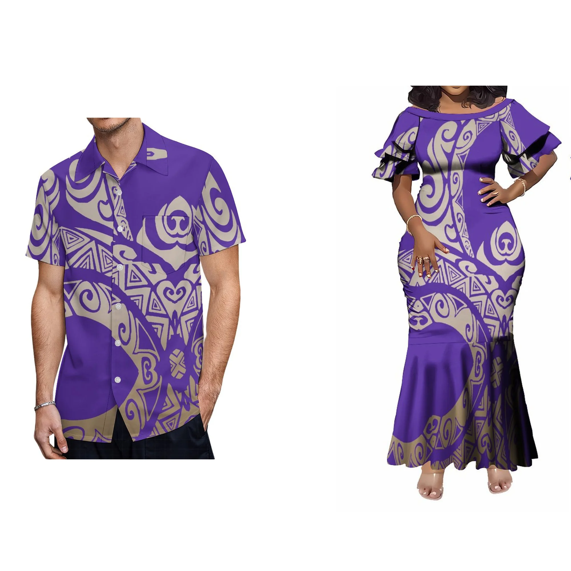 

Print On Demand Custom Double Petal Sleeve Mermaid Dress Crew Neck Long Bodycon Fishtail Dress Polynesian Hawaiian Dresses