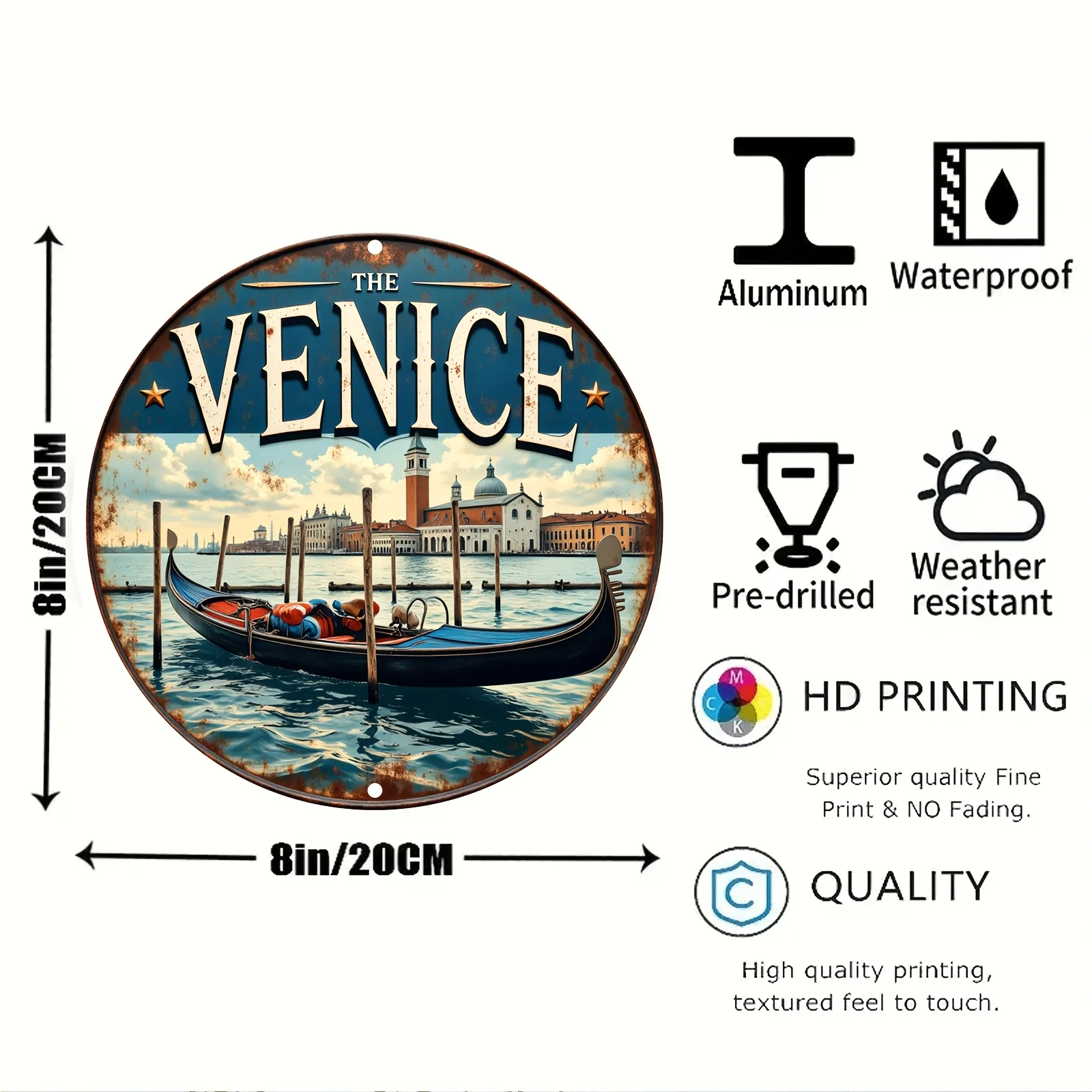 [2D Flat] Vintage Venice Gondola Metal Wall Art - Circular Retro Sign with Scenic Canal & Bridge Design, Perfect for Home, Cafe,