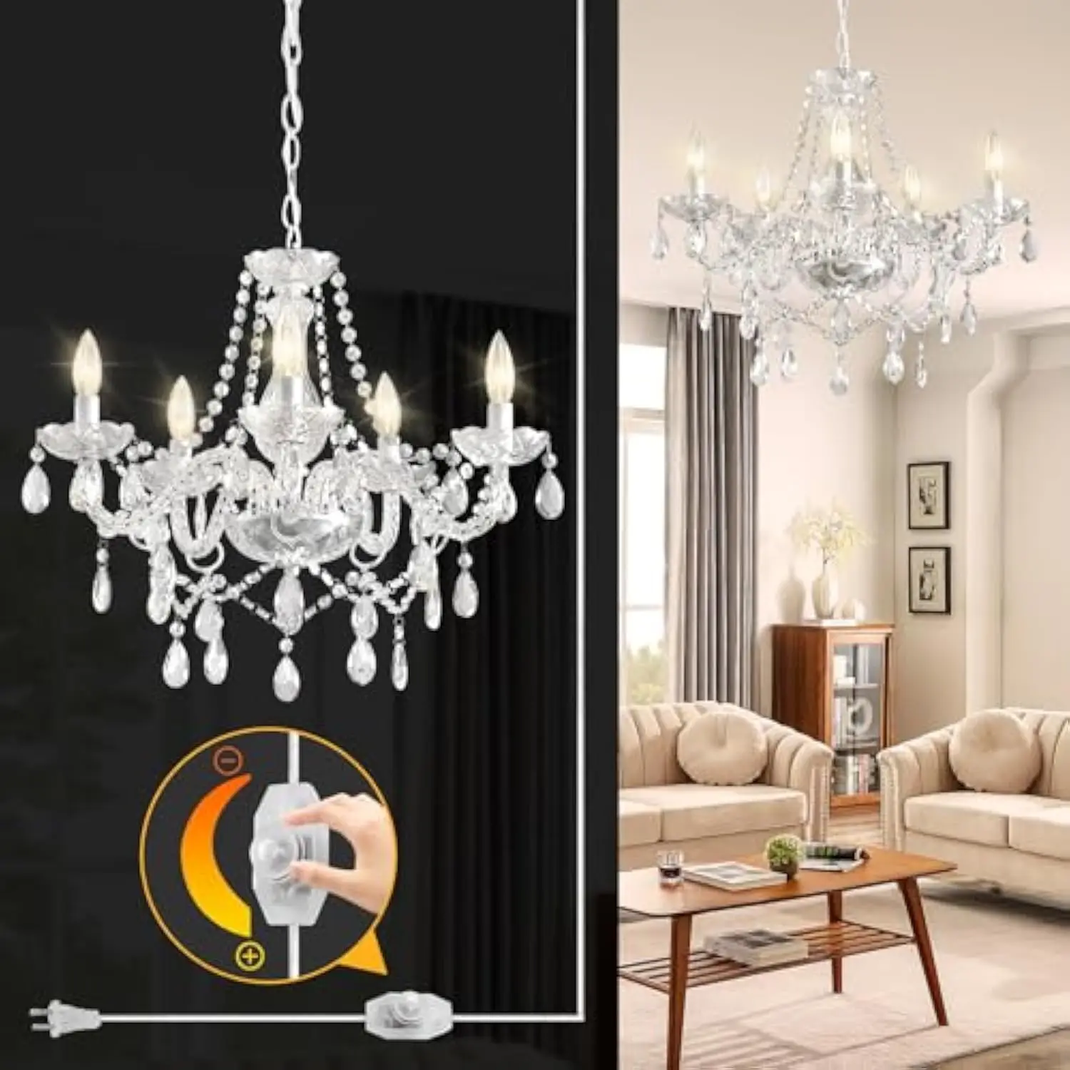 

Plug in Chandelier Dimmable,5 Lights K9 Crystal Glass Pendant Light Fixture, Modern White Candle Hanging Chandelier for Bedroom