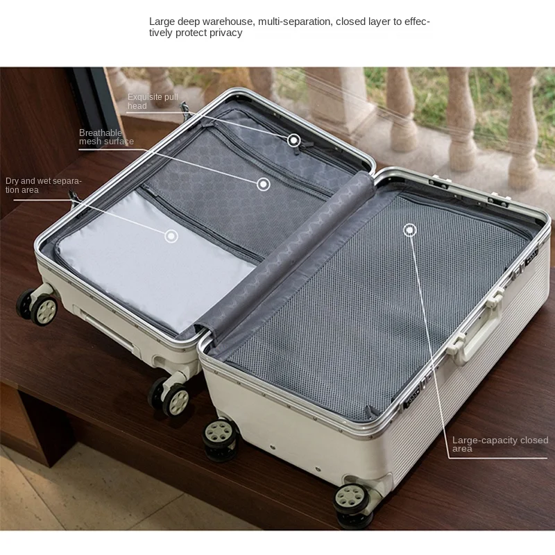 الألومنيوم الإطار حقيبة 26 بوصة سعة كبيرة السفر الأمتعة 20 بوصة المقصورة حقيبة تروللي بعجلات للجنسين قفل مجمع حقيبة