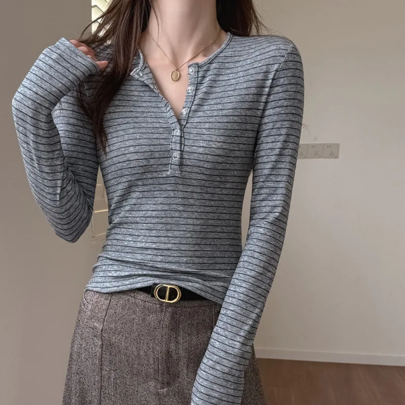 Women Korean Striped Henley Neck Button Long Sleeve T Shirt Slim Fit Inner Outer Wear Basic Top