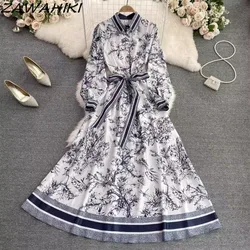 Vintage Women's Long Dress Temperament Bandage Print Femme Robe Office Lady Pleated Vestidos Button Designer Casual Ropa Mujer