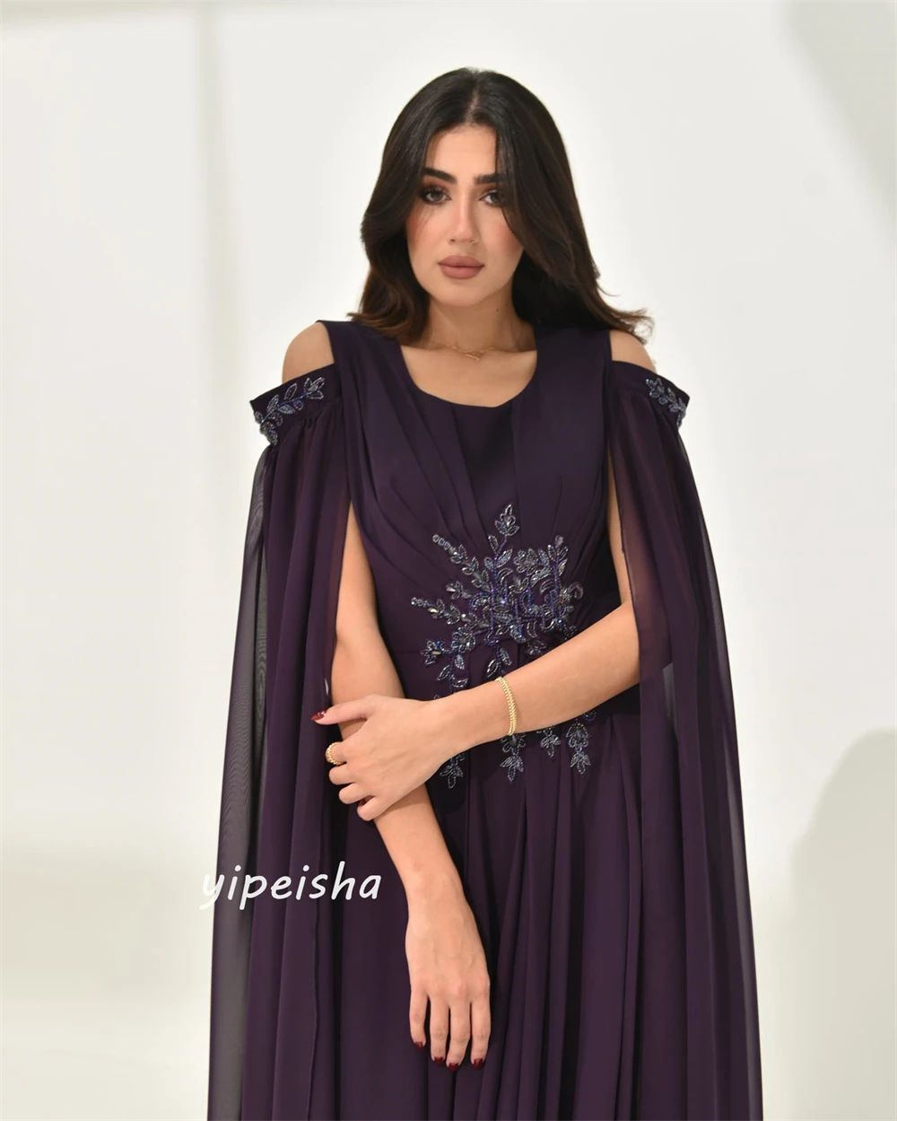 Ballkleid Saudi-Arabien modernen Stil von der Schulter A-Linie Applikationen Perlen Chiffon maßge schneiderte Anlass Kleider Ballkleider