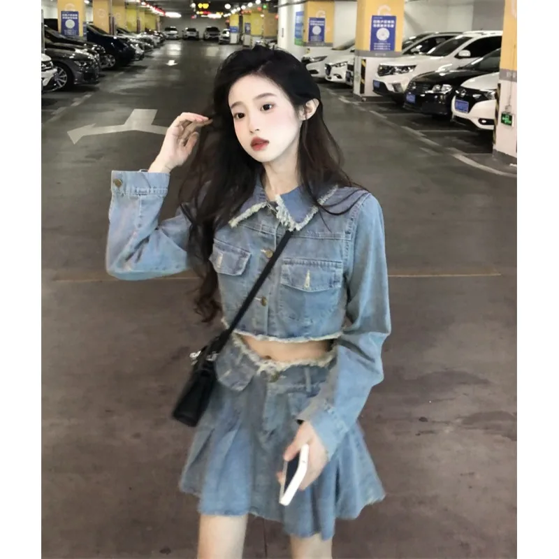 Sweet Cool Style Hot Girl Fashion Denim Suit Women's Autumn 2022 New Frayed Coat Skirt Internet Celebrity Two-piece Set 