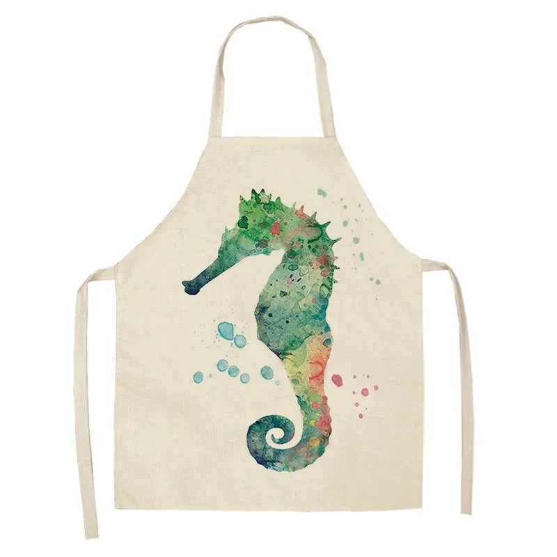 Marine Animals Printed Kitchen Chef Aprons for Women Kids Sleeveless Cotton Linen Bibs Cooking Baking Cleaning Tools 55x68cm