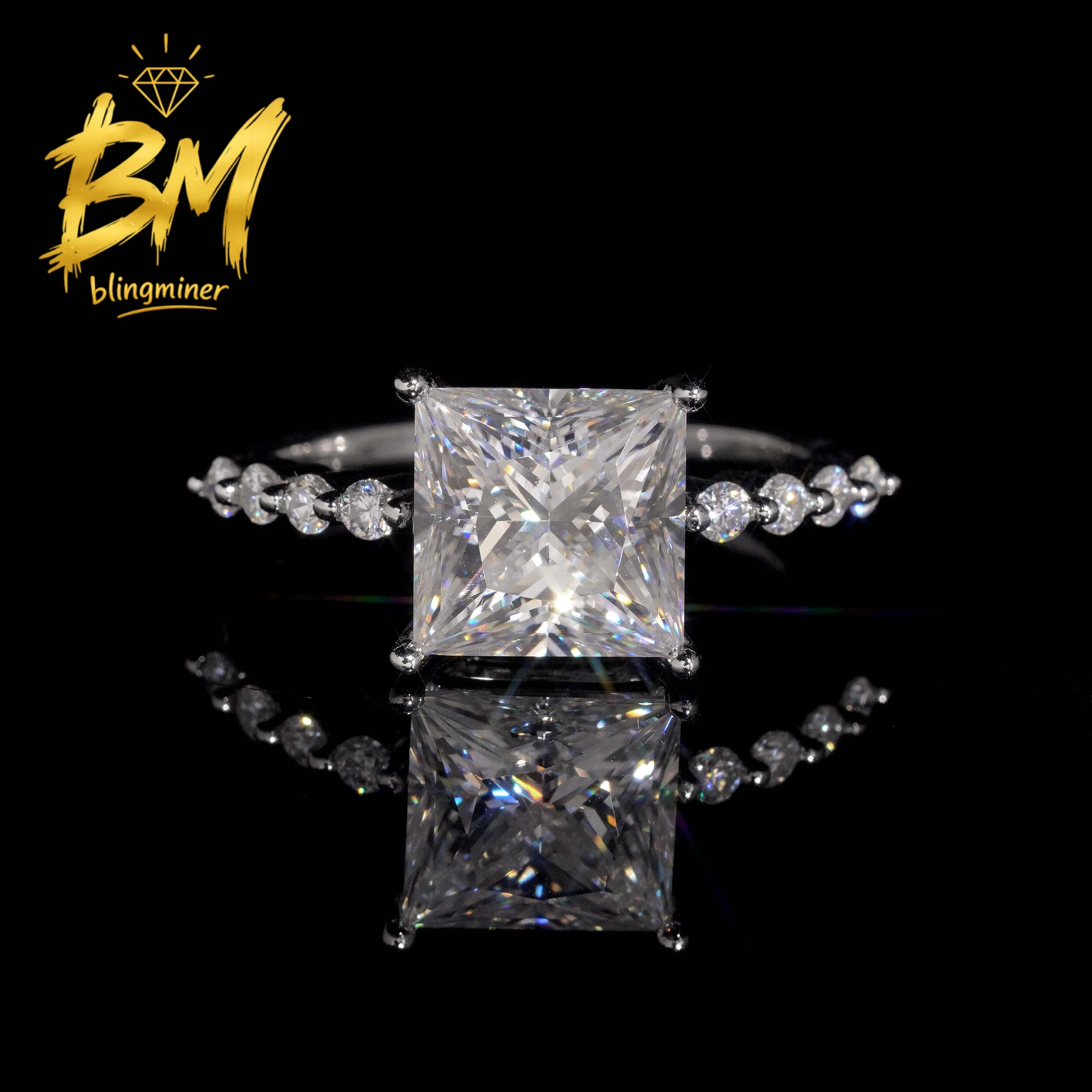Blingminer Princess Cut 4CT S925 Silver VVS Moissanite Rings Engagement Wedding Women Finger Jewelry Pass Diamonds Free Shipping