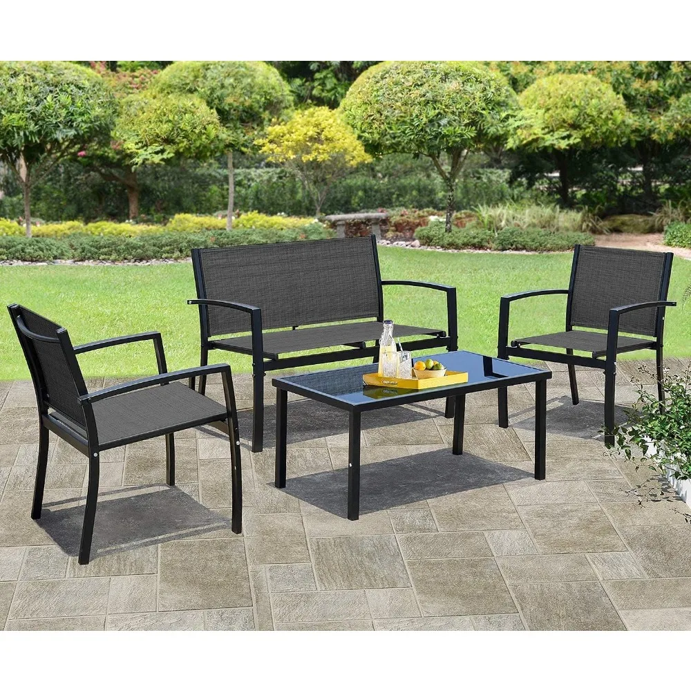 4-teiliges Terrassenmöbel-Set, modernes Gesprächsset für den Außenbereich, Garten, Terrasse, Bistro-Set mit Glas-Couchtisch für Zuhause, Veranda, Rasen