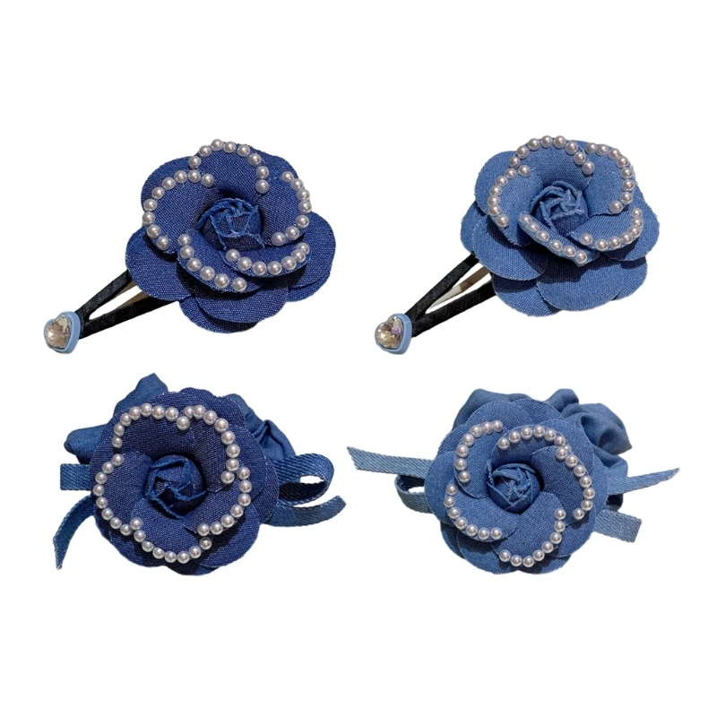 

Sweet Girls Camellia Shape Hair Clip/ Hair Rope with White Pearl Stero Hairpin Elastic Hair Rope for Girls Hair Styling