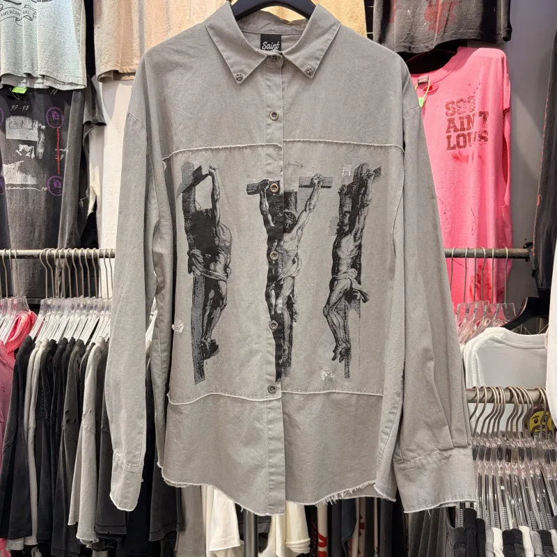 Embridery Patch Jesun Cross Label Saint Long Sleeve Shirt Men Women Washed Hole Wear Resistant Burrs Loose V-shape Shirts Blouse