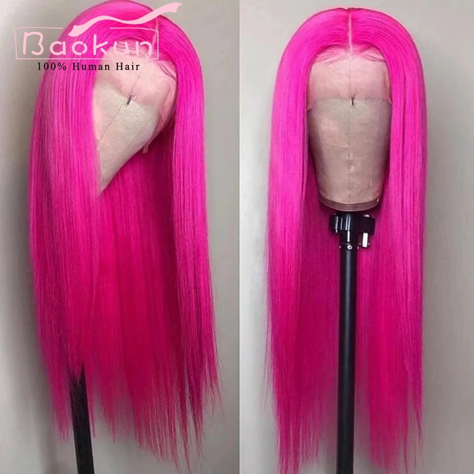 13x6 Hot Pink Straight Lace Front Human Hair Wigs HD Transparent Lace Frontal Wig Pre Plucked 13x4 Lace Front Wigs For Women