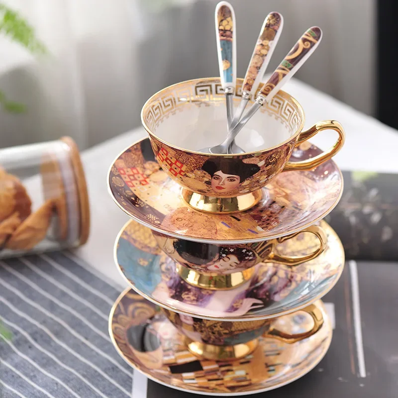 Gustav Klimt Bone China Coffee Set Klimt Judith Kiss Ceramic Tea set European Porcelain Drinkware Tea cups with Spoon