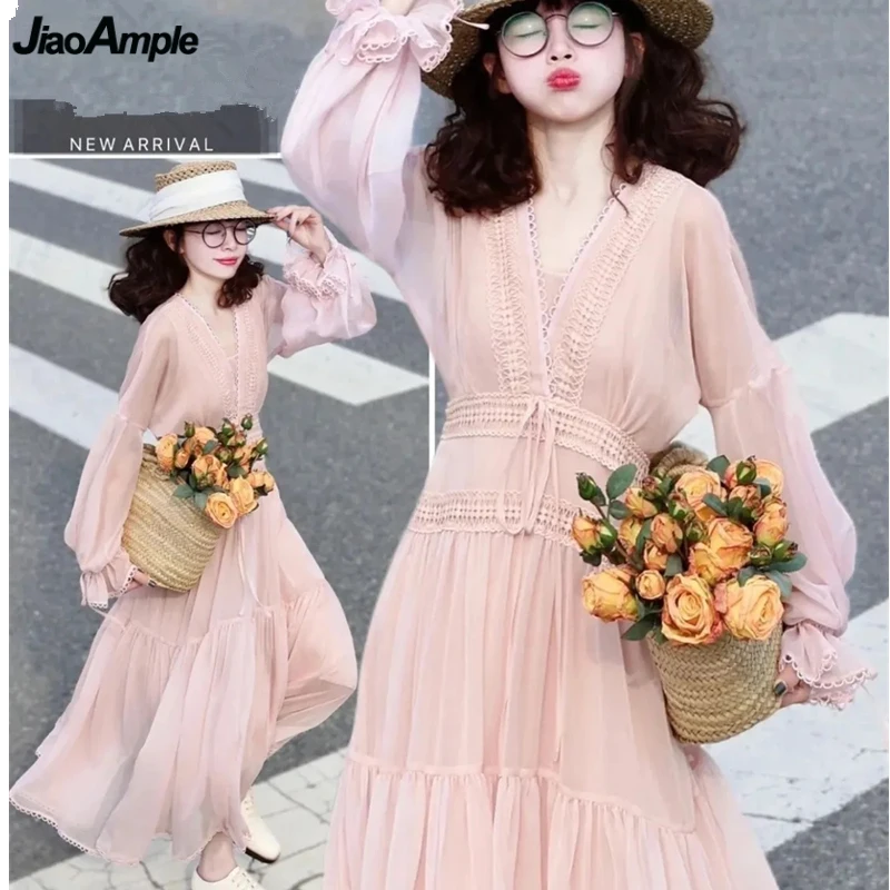 

Women Spring Autumn Sweet Pink Dress 2023 New French Graceful Lady Lace Patchwork V-Neck Flare Sleeve Dresses Dinner Party Gown