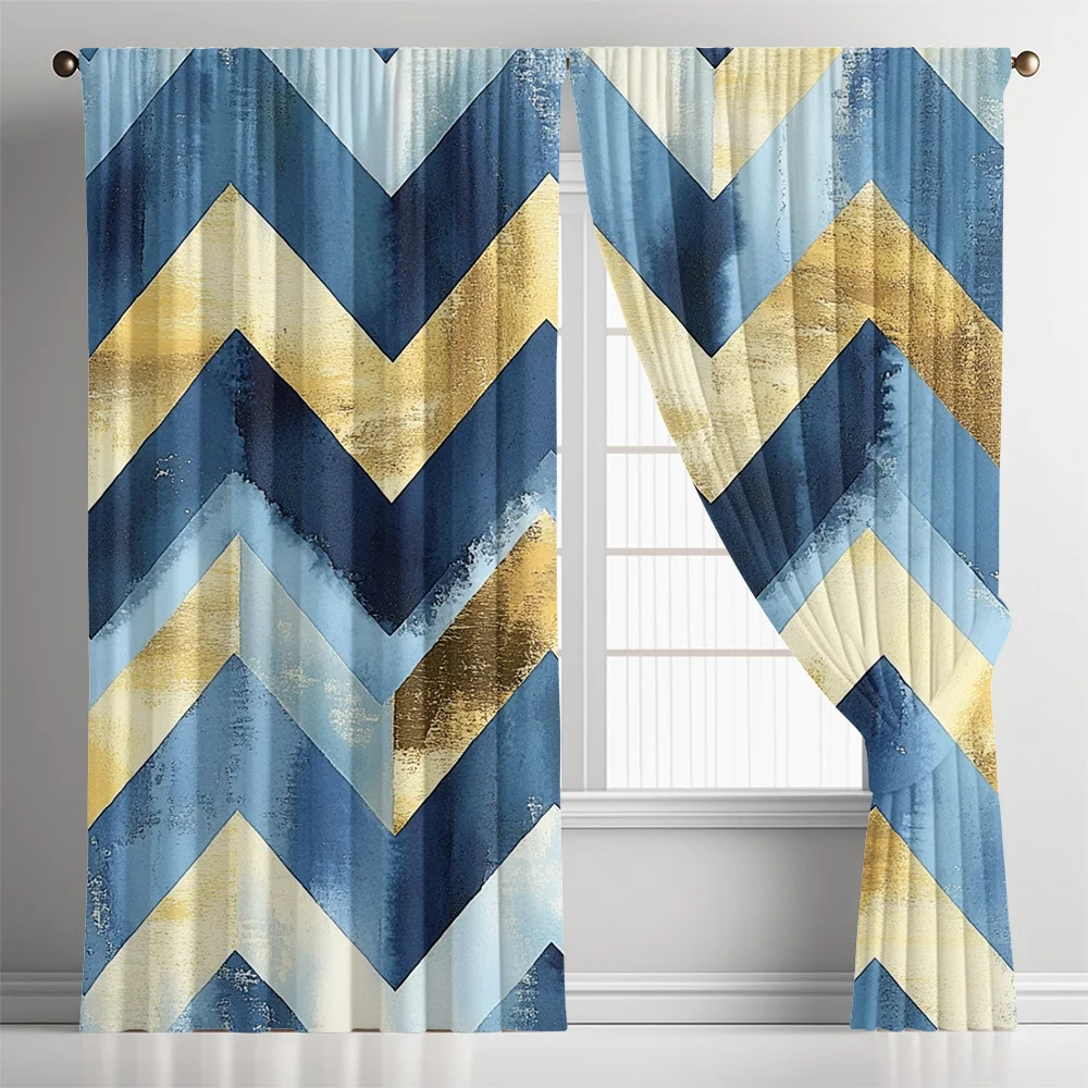 2pcs Blue and Golden Zigzag Geometric Print Curtains, Modern Art Style with Rod Pocket, Home Decor for Kitchen, Cafe, Living Roo