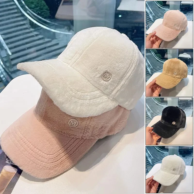 

M Label Baseball Cap Solid Color Warm Plush Sun Hat Thickened Lightweight Adjustable Hats For Women Autumn & Winter