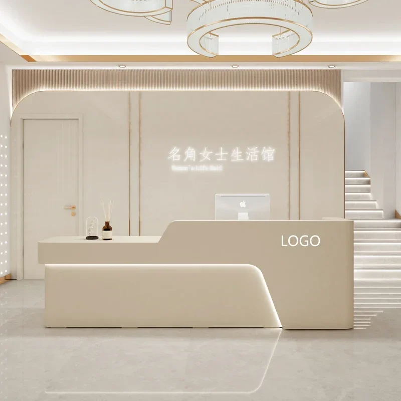 

Wood Drawer Reception Desk White Hotel Beauty Luxury Gym Console Reception Information Comptoir Caisse Commercial Furniture