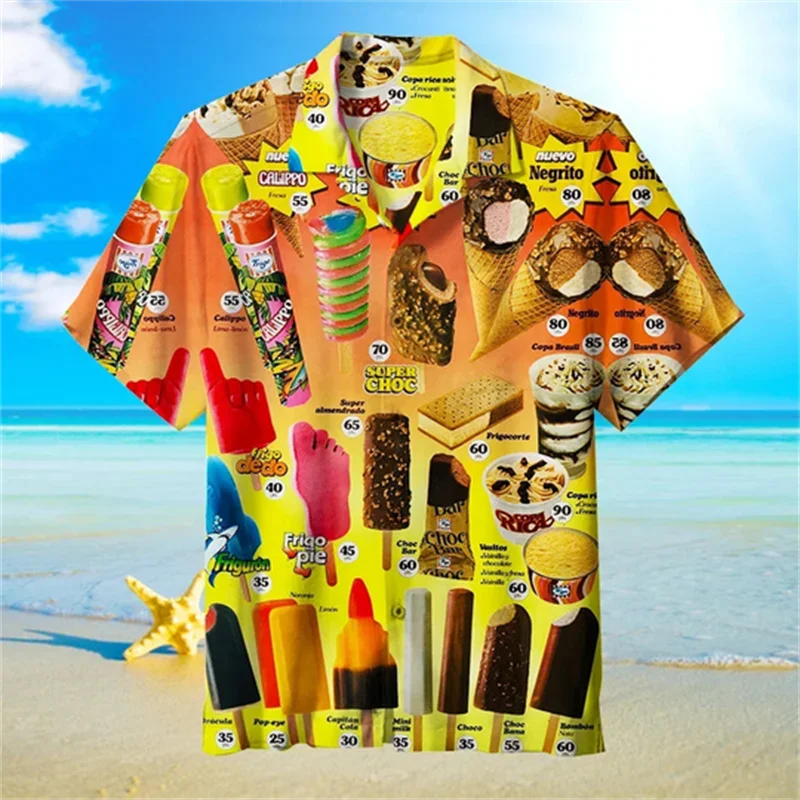 Hawaiian Shirt Ice Cream Printed Shirts For Men Women 90 Clothes Cool Short Sleeved Top Summer Streetwear Trendy Beach Clothing