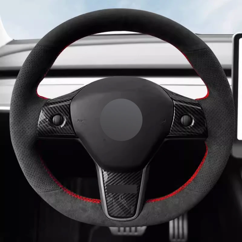 

Black Alcantara Suede Hand Sewing Car Steering Wheel Cover Full Wrap with Red Thread Car Accessoires for Tesla Model Y Model 3