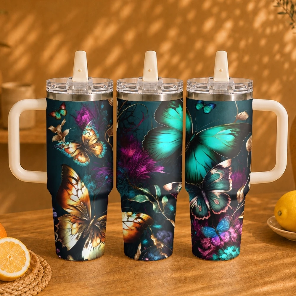 Butterflies flutter in the dark night Vacuum Flasks 40oz Vacuum Insulated Travel Mug - Stainless Steel Straw Cup Lid