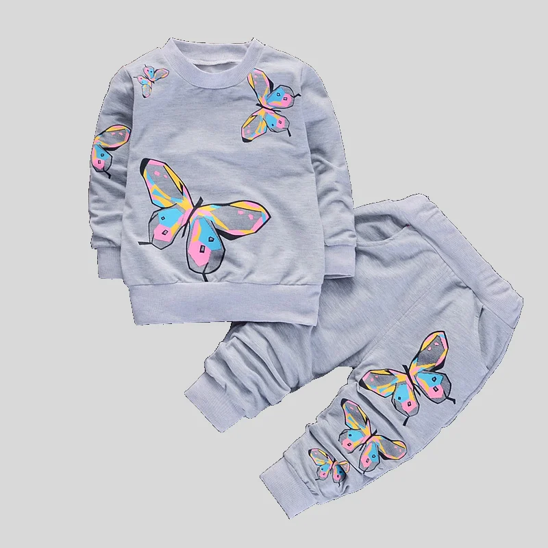 Girls 2Pcs Tracksuit Colorful Butterfly Print Crew Neck Long Sleeve Sweatshirt Elastic Cuff Jogger Pants Kids Casual Outfit Set