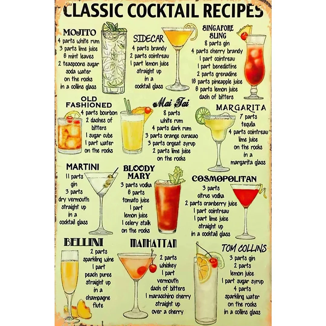 Recetas de cócteles clásicas, letrero de estaño, tipos de cerveza, vino, bebida, lista, cartel, carteles de estaño de Metal Vintage para hombres y mujeres, decoración artística de pared para