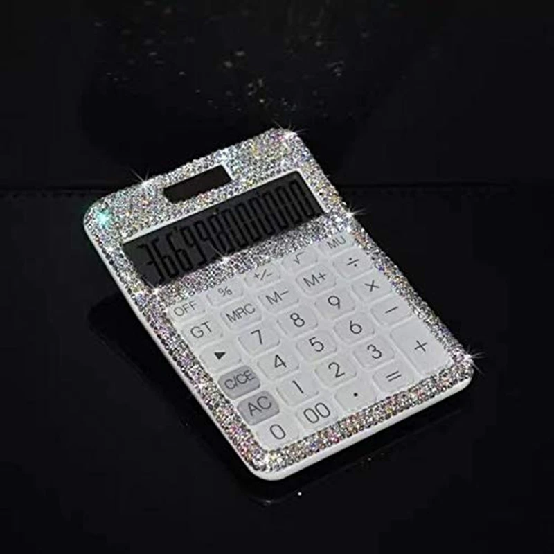 Calculator High Quality Rhinestone Crystal Dazzling 12 Digit Solar And Battery Dual Power LCD Display For Office, School White