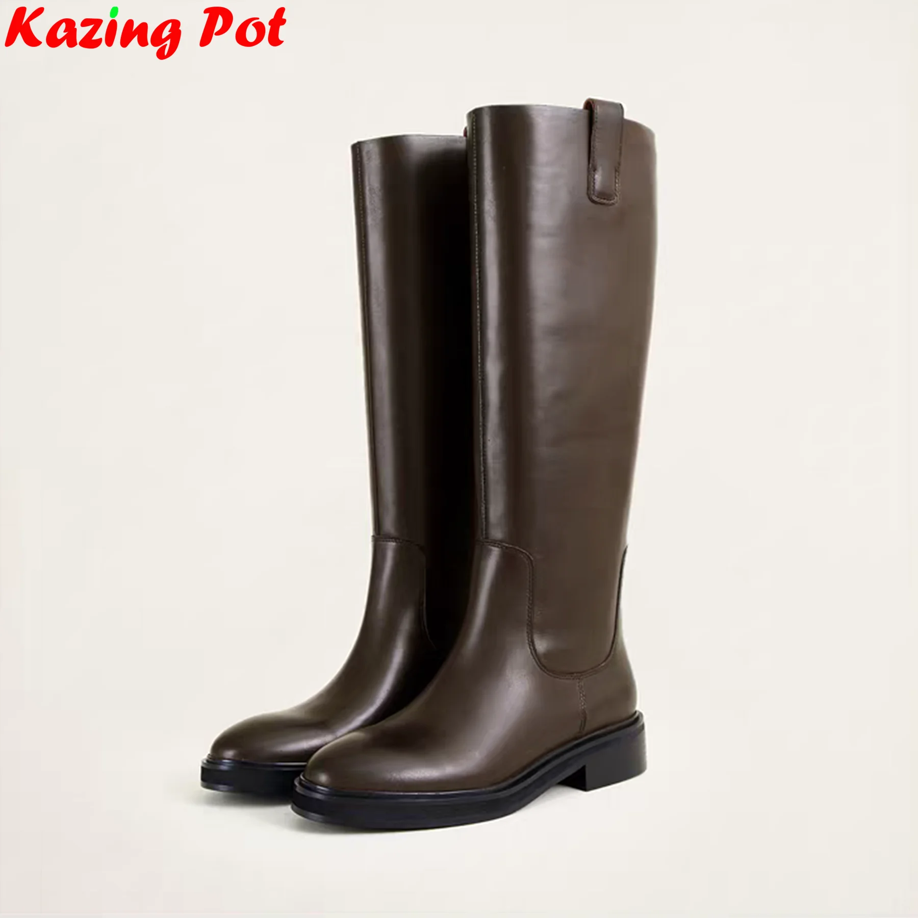 Luxury Plus Size 34-46 Cow Leather Round Toe Med Heels Long Riding Boots Slip On Winter Shoes Retro Casual Brand Knee-high Boots