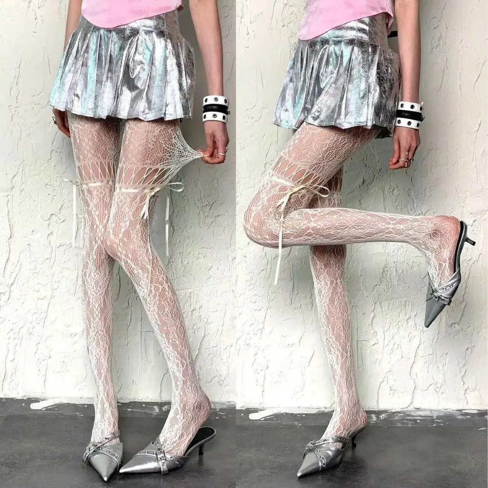 

Стильные сексуальные колготки в стиле панк, кружевные ажурные женские чулки с бантом на бретельках, кружевные носки с бантом, милые сетчатые колготки Y2K для девочек