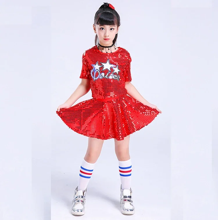 New Child Stage Jazz Dance Costumi da cheerleader moderni Hip Hop Boy Girls Crop Top e pantaloni Paillettes Jazz Dance Performance Set