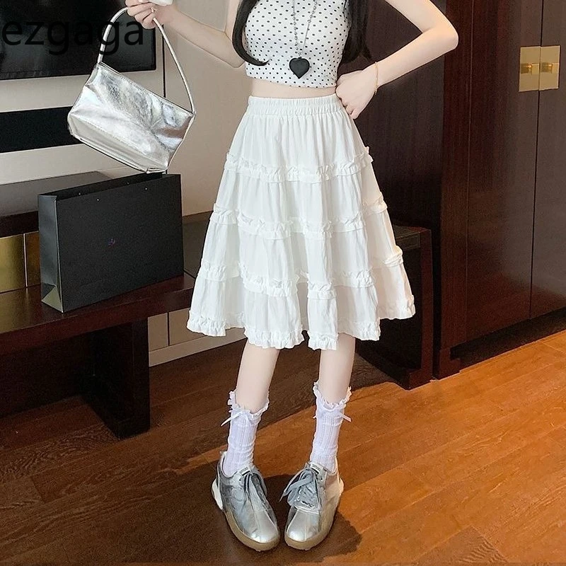 

Ezgaga Woman Skirts Stretch High Waist Ruffles Patchwork Sweet Summer Fashion Solid Elegant Skirt Female French Style Chic