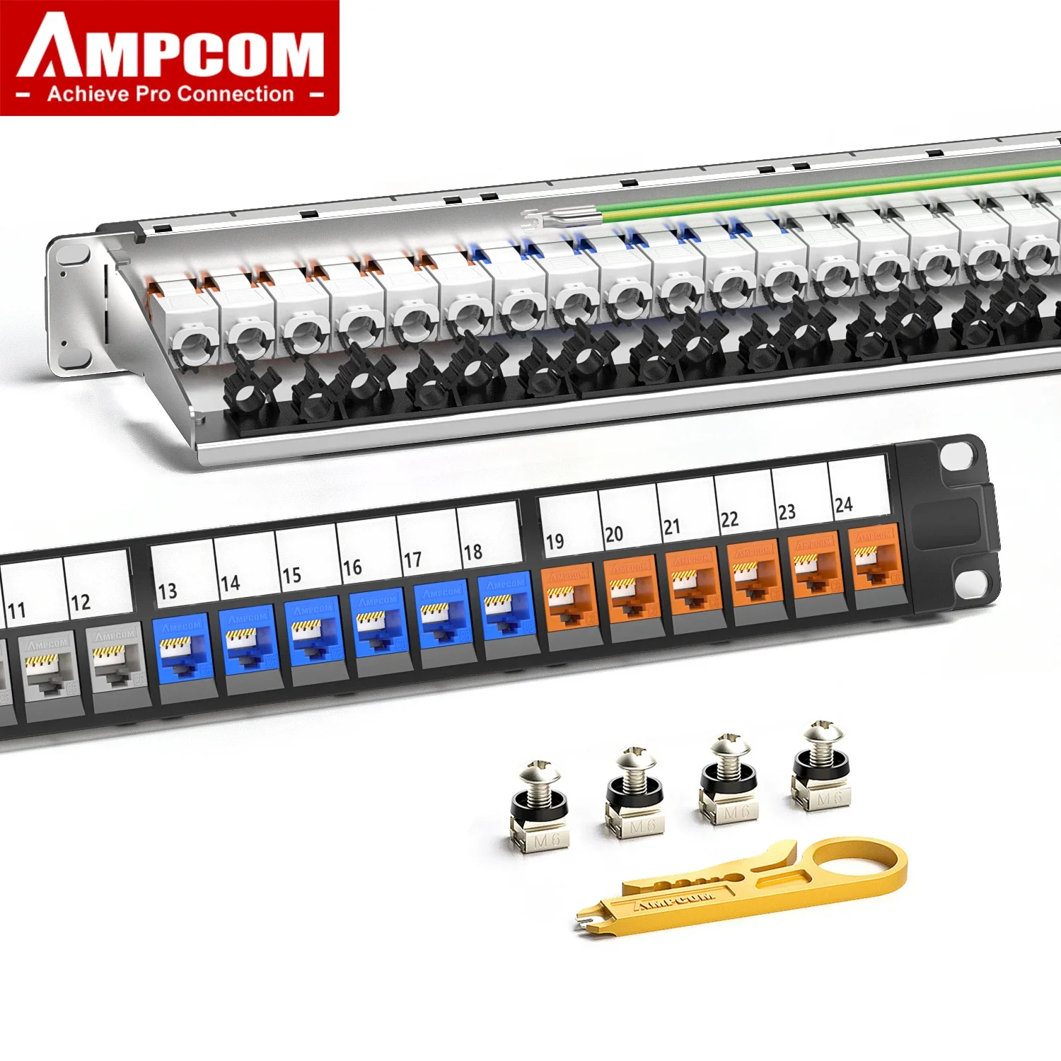 AMPCOM 1U 24-Port Keystone Patch Panel, UTP/STP Rack-Mounted with Rear Cable Management Bar, UTP CAT6/CAT6A Keystone Jack