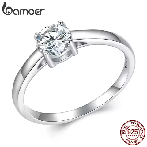 Bamoer D Color VVS1 EX Moissanite Ring Round Moissanite Diamond for Women 925 Sterling Silver Engagement Wedding Band MSR005