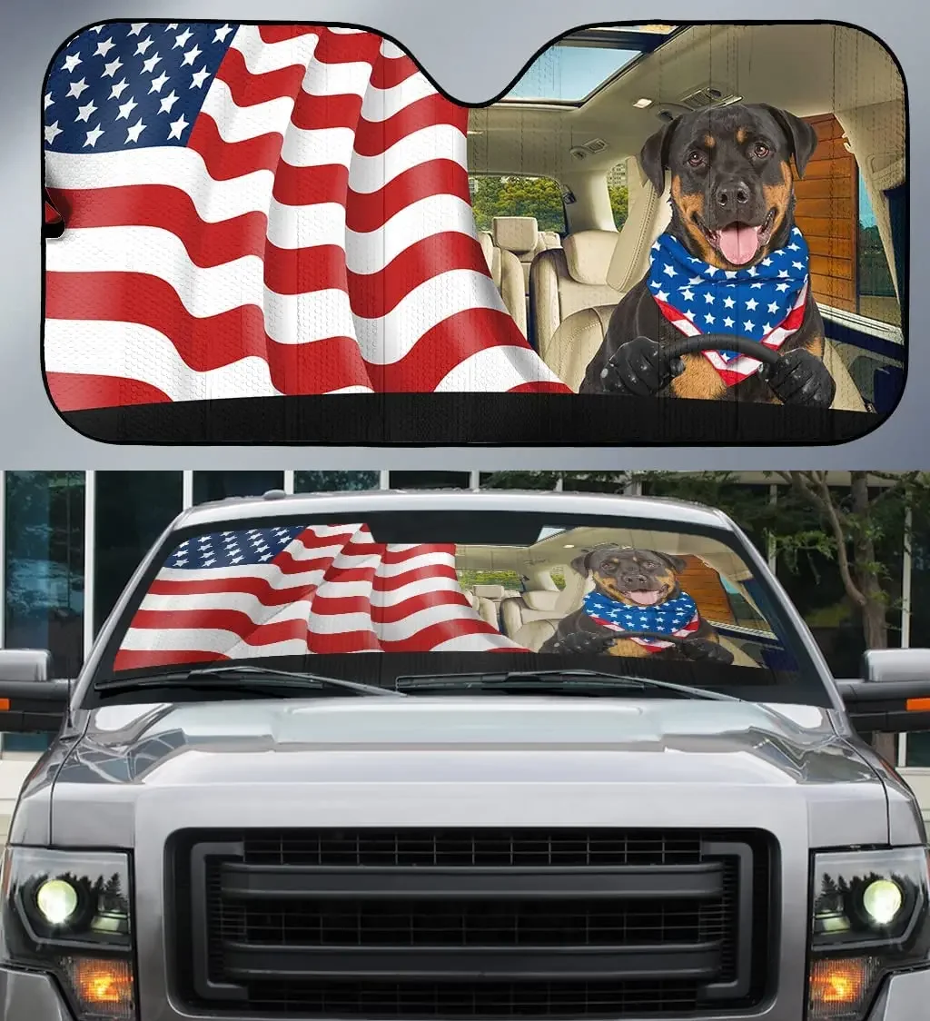 Rottweiler Left-Handed Drive with American Flag Car Sunshade, UV Protection Windshield Sunshade Window Sunshade